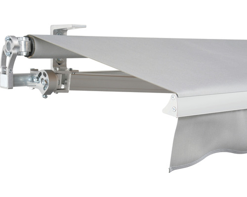 SOLUNA Gelenkarmmarkise Concept 3,5x2 Stoff Dessin 7552 Gestell Silber E6EV1 eloxiert Antrieb links inkl. Motor und Wandschalter Detailansicht einer Markise mit Aluminiumgestell und Markisentuch