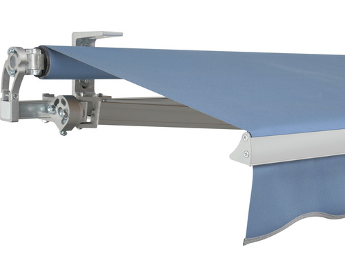SOLUNA Gelenkarmmarkise Concept 3,5x2 Stoff Dessin 8204 Gestell Silber E6EV1 eloxiert Antrieb links inkl. Motor und Wandschalter Detailansicht einer Markise mit Stoffbespannung
