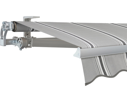 SOLUNA Gelenkarmmarkise Concept 3x2 Stoff Dessin A131 Gestell Silber E6EV1 eloxiert Antrieb links inkl. Motor und Wandschalter Detailansicht einer Markise mit Streifenmuster