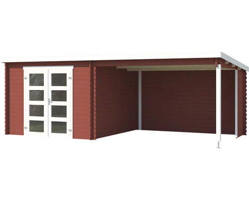Holzgartenhaus mit Doppeltür und überdachtem Anbau