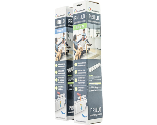 Zwei Prillo Heizkörperventilatoren in Verpackung, Größen 80 cm und 120 cm.