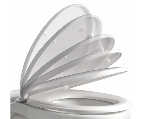 Toilettensitz mit Absenkautomatik in verschiedenen Öffnungspositionen