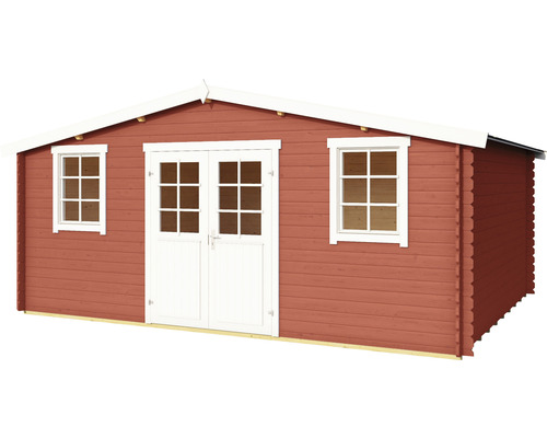 Gartenhaus aus Holz mit Fenstern und Doppeltür