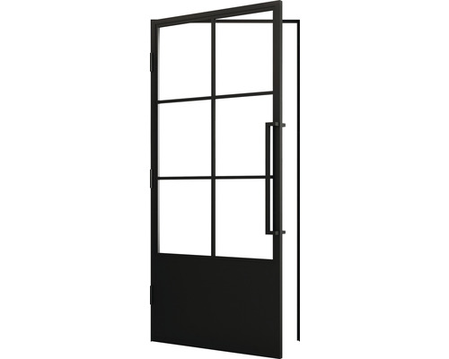 Schwarze Innentür mit Glaseinsätzen und Griff