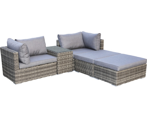 Gartenlounge-Set aus Rattan mit grauen Kissen und Tischplatte aus Glas