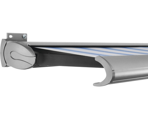 SOLUNA Kassettenmarkise Exclusiv 5,5x3 Stoff Dessin 320234 Gestell E6EV1 silber eloxiert Antrieb links inkl. Motor und Wandschalter