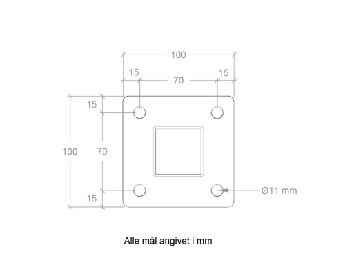 Technische Zeichnung einer quadratischen Halterung mit Maßen in Millimetern.