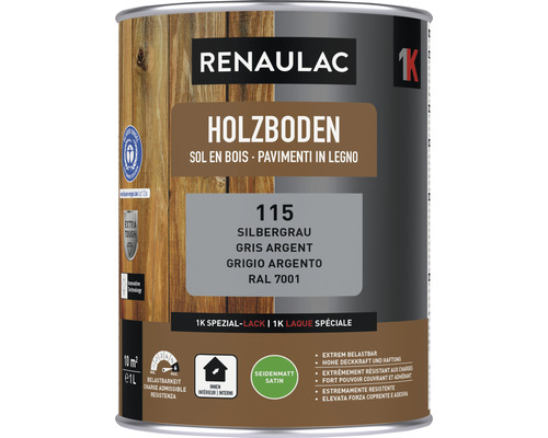 RENAULAC Holzbodenfarbe seidenmatt silber 1 L Renaulac Holzbodenlack Dose, RAL 7001 silbergrau, seidenmatt