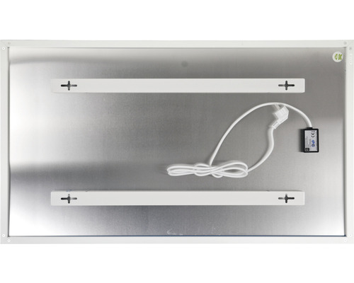 Rückansicht eines Spiegels mit Halterungen und Stromkabel