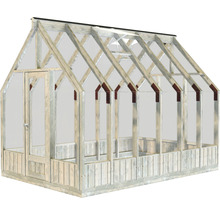 Gewächshaus mit Holzrahmen und transparenten Scheiben.