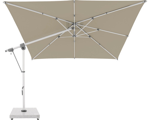 Quadratischer Ampelschirm mit Kurbelmechanismus und stabilem Standfuß.