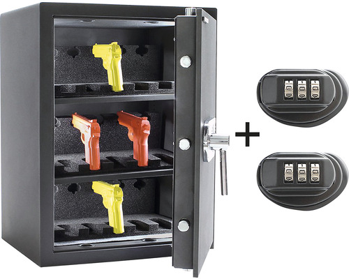 Geöffneter Waffenschrank mit Attrappen und zwei Zahlenschlössern