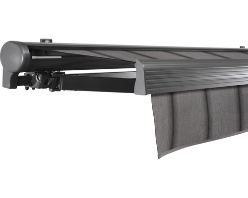 SOLUNA Halbkassettenmarkise Comfort 4,5x2 Dessin D419 Gestell DB703 dunkelgrau Antrieb links inkl.Motor, Sonnen und Windwächter,Wandschalter Seitenmarkise zur Anbringung an einer Hauswand