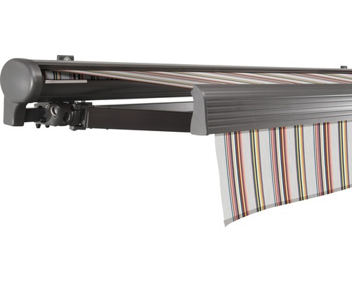 SOLUNA Halbkassettenmarkise Comfort 4,5x2 Dessin D421 Gestell DB703 dunkelgrau Antrieb links inkl.Motor, Sonnen und Windwächter,Wandschalter Markise mit Streifenmuster für den Außenbereich