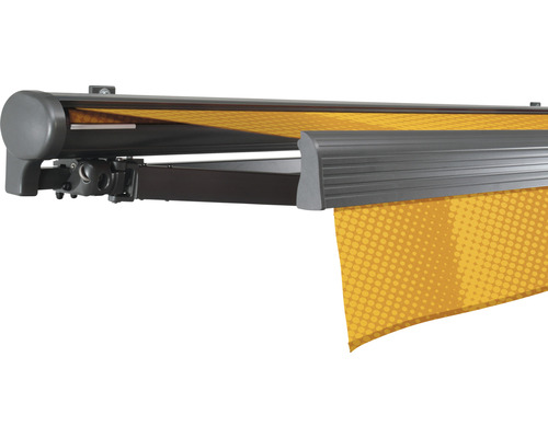 SOLUNA Halbkassettenmarkise Comfort 6x2,5 Dessin J200 Gestell DB703 dunkelgrau Antrieb links inkl.Motor, Sonnen und Windwächter,Wandschalter Gelenkarmmarkise mit Stoffmuster aus Aluminium und Textil