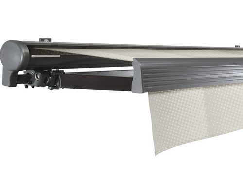 SOLUNA Halbkassettenmarkise Comfort 4x3,5 Dessin J202 Gestell DB703 dunkelgrau Antrieb links inkl.Motor, Sonnen und Windwächter,Wandschalter Markise mit Ausfallarm für den Außenbereich