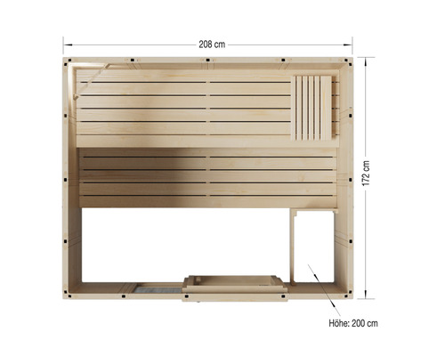 Abbildung einer Sauna mit den Maßen 208 mal 172 mal 200 Zentimeter.