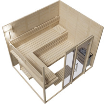 Innenansicht einer hellen Sauna mit Holzbänken und Glastür