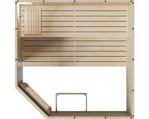 Draufsicht einer Holzsauna mit Bänken