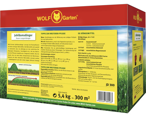 Wolf Garten Jubiläumsdünger für Rasen, 5,4 Kilogramm für 300 Quadratmeter