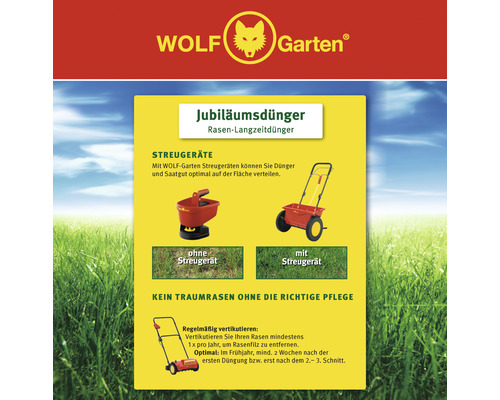 Wolf Garten Jubiläumsdünger Rasen-Langzeitdünger und Streugeräte zur Rasenpflege