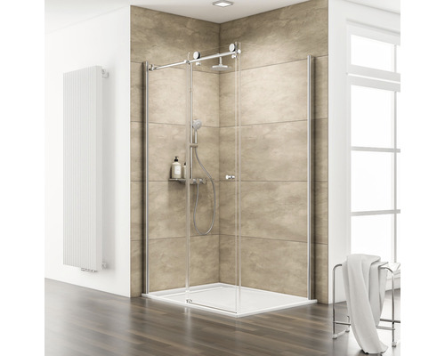 Schiebetür mit Seitenwand Schulte ExpressPlus MasterClass 1200x900x2000 mm Festteil links Echtglas Klar hell chromoptik mit Duschwanne und schmutzabweisender Glasbeschichtung und Knopfgriff Begehbare Dusche mit Schiebetür, Duschkopf und Handbrause im modernen Badezimmer