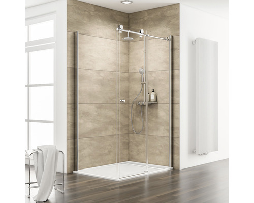 Schiebetür mit Seitenwand Schulte ExpressPlus Masterclass 900x1200x2000 mm Festteil links Echtglas Klar hell chromoptik mit schmutzabweisender Glasbeschichtung Badezimmer mit Duschkabine aus Glas und Duschwanne