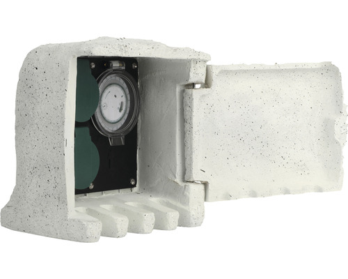 Gartensteckdose BE COOL BC23GSDT2 2-fach mit Timer 230V~ 50Hz 16A IP44 in Steinoptik Zeitschaltuhr im Gehäuse in Steinoptik mit offener Tür