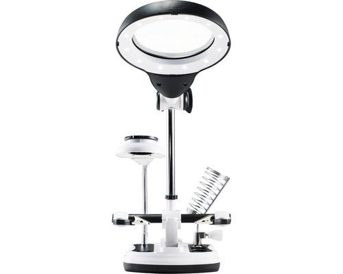 Lupenleuchte mit Haltearmen und Lötzubehör für präzise Arbeiten