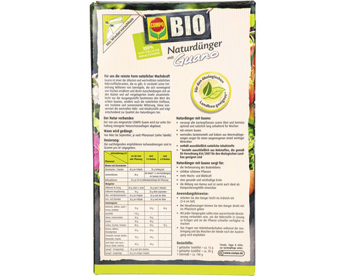 Rückseite der Compo Bio Naturdünger mit Guano Verpackung mit Informationen zu Inhaltsstoffen, Anwendung und Dosierung.