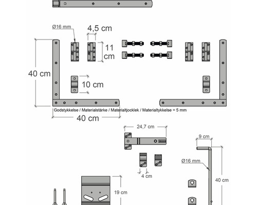 Technische Zeichnung von Torbeschlägen mit Maßangaben