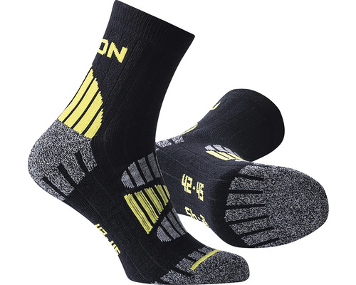 Zwei schwarze Trekkingsocken mit gelben Akzenten in Größe 42 bis 45