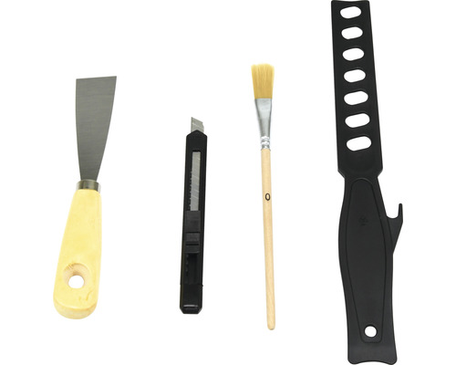 Werkzeugset bestehend aus Spachtel, Teppichmesser, Pinsel und Farbroller