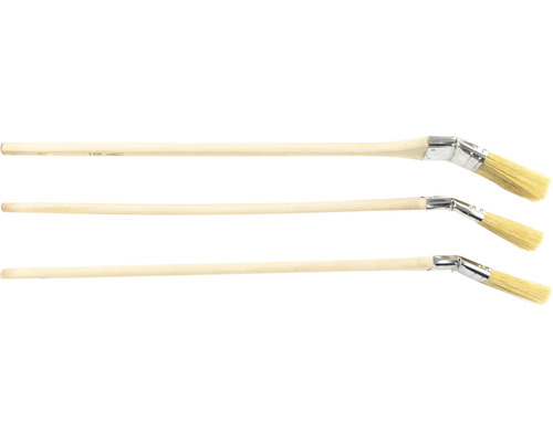 Drei Heizkörperpinsel mit Holzstiel und abgewinkelten Borsten