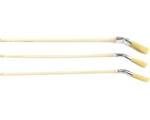 Drei Heizkörperpinsel mit Holzgriff und abgewinkeltem Pinselkopf