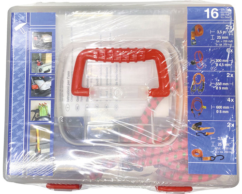 Set mit 16 Stück Gepäckspanner unterschiedlicher Länge in Aufbewahrungsbox