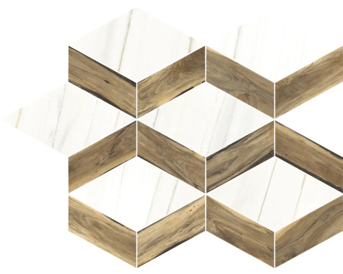 Feinsteinzeugmosaik Sherwood triangle walnut 24x30 cm Dekorative Wandfliesen mit Holz- und Marmoroptik