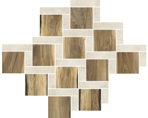 Feinsteinzeugmosaik Sherwood square walnut 28x31 cm Muster aus Holz- und Steinzeugfliesen für Wand- und Bodengestaltung