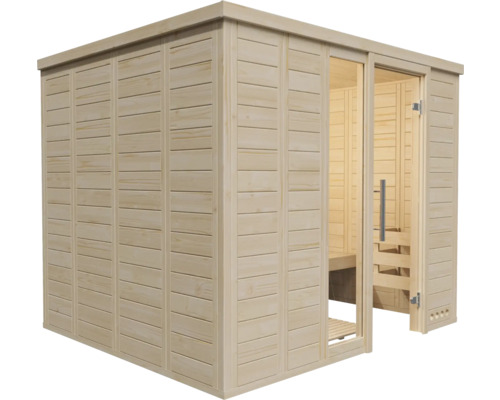 Holzsauna mit Glastür und Holzbänken