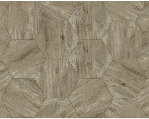 Sechseckige Bodenfliesen mit Holzoptik