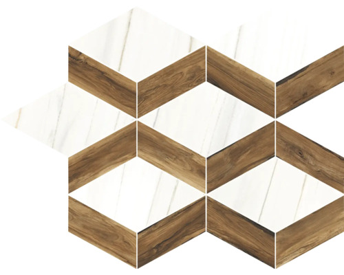 Feinsteinzeugmosaik Sherwood triangle mahogany 24x30 cm Sechseckige Fliesen mit Marmor- und Holzoptik