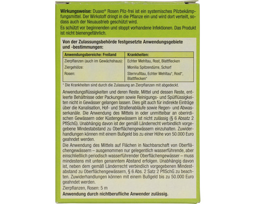 Informationen zur Anwendung von Duaxo Rosen Pilzfrei, einem systemischen Pilzbekämpfungsmittel