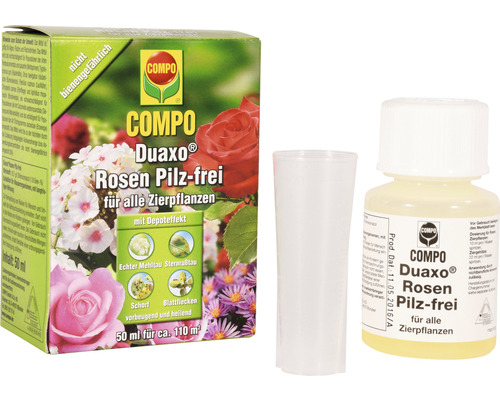 Compo Duaxo Rosen Pilzfrei Pflanzenschutzmittel, Packung und Flasche