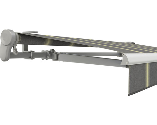 SOLUNA Gelenkarmmarkise Trend 2,5x2 Stoff Dessin D417 Gestell E6EV1 silber eloxiert Antrieb links inkl. Motor, Wandschalter und Nothandkurbel SOLUNA Gelenkarmmarkise Trend 2,5x2 Stoff Dessin D417 Gestell E6EV1 silber eloxiert Antrieb links inkl. Motor, Wandschalter und Nothandkurbel