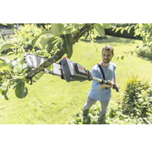 Eine Person schneidet mit einer Akku-Astsäge einen Ast im Garten.