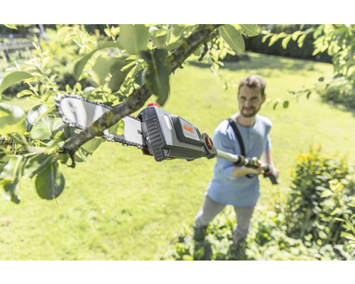Eine Person schneidet mit einer Akku-Astsäge einen Ast im Garten.