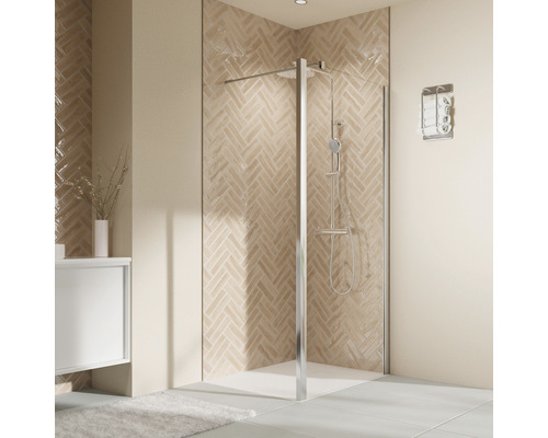 Seitenwand für Pendeltür Breuer Elana 2.0 900x2000 mm Echtglas Klar hell weiß Seitenwandanschlag links Badezimmer mit Duschabtrennung, Armatur und verkleideter Wand