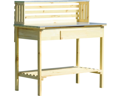 Gartentisch aus Holz mit Ablagefläche und Schublade