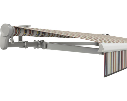 SOLUNA Gelenkarmmarkise Trend 5x3 Stoff Dessin D421 Gestell E6EV1 silber eloxiert Antrieb links inkl. Motor, Wandschalter,Nothandkurbel, Sonnen und Windwächter