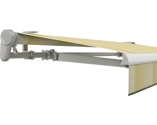 SOLUNA Gelenkarmmarkise Trend 3,5x3 Stoff Dessin J201 Gestell E6EV1 silber eloxiert Antrieb links inkl. Motor, Wandschalter,Nothandkurbel, Sonnen und Windwächter